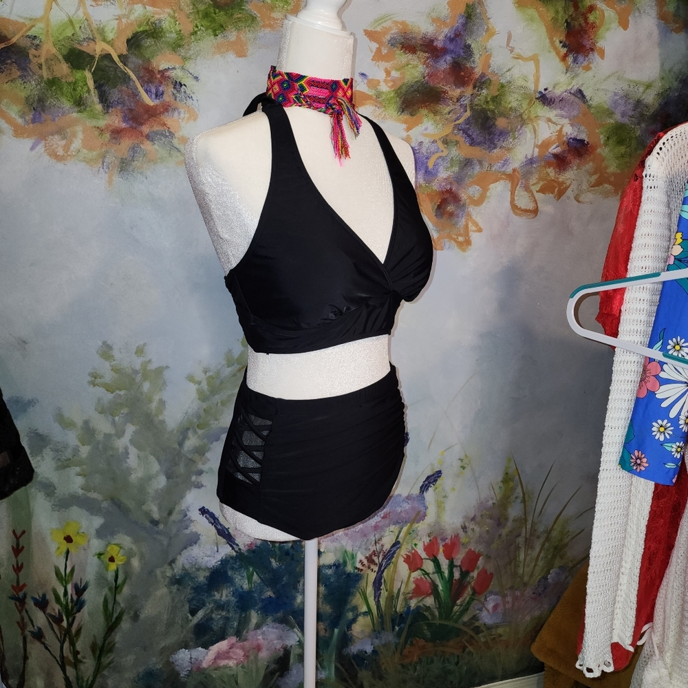 Two-Piece Black Halter Style Top, High Waist Bottom with Criss-cross Peakaboo